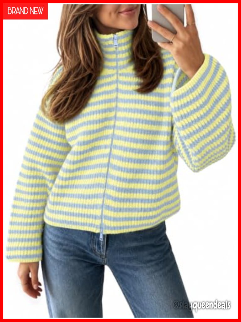 Striped Zip Up Sweater Mock Neck Long Sleeve Loose Fit Knit Cardigan Top